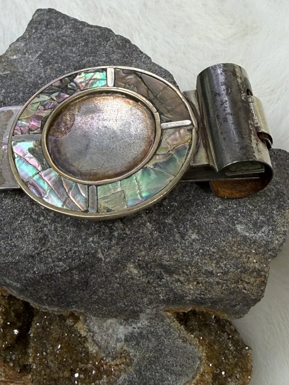 Vintage 900 Silver Abalone Shell Money Clip Mexico 16.71g